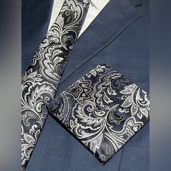Men’s 3 Piece Tie Set Navy Blue Black Silver Pocket Square Cufflinks Tie - Picture 3 of 4